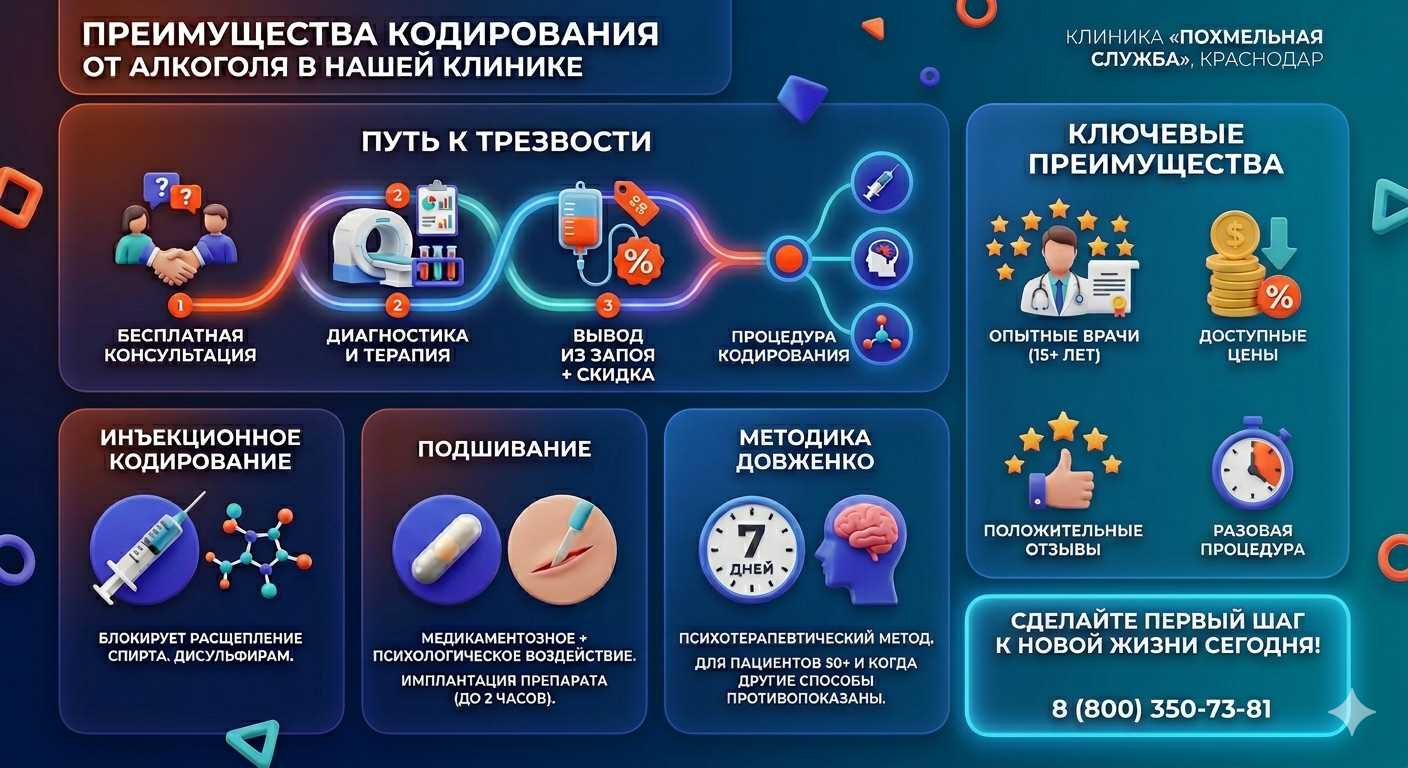 Инфографика о методах кодирования от алкоголя в Барнауле: инъекции, подшивание, метод Довженко. Преимущества клиники и этапы лечения.