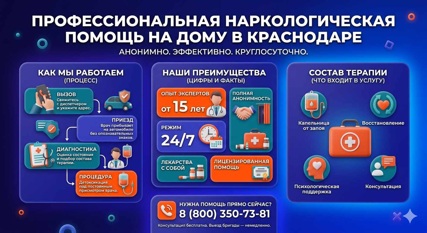 Инфографика о принципах лечения алкоголизма на дому в Барнауле: этапы вызова нарколога, преимущества анонимной детоксикации и состав медицинской помощи.